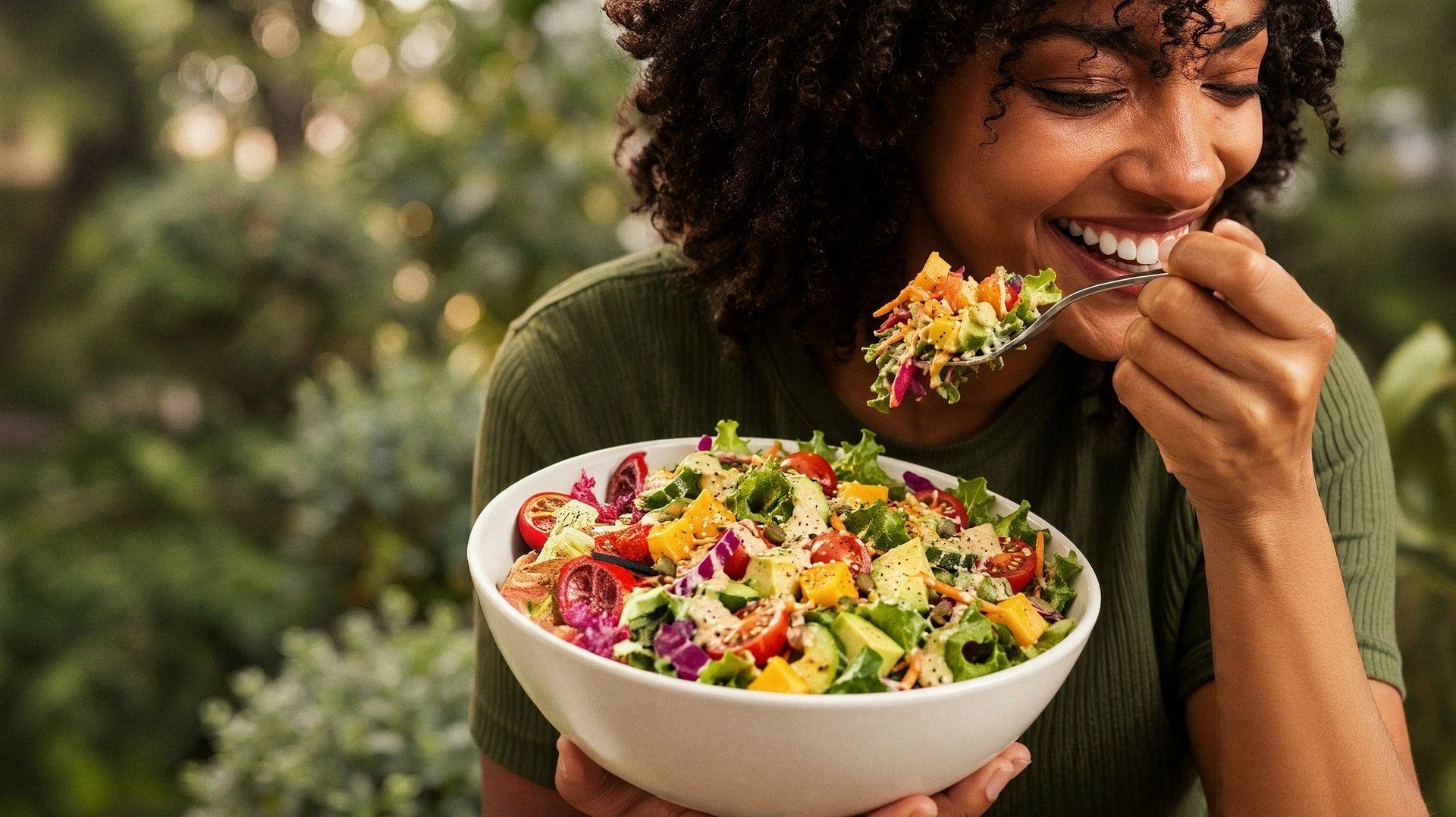 Mulher sorri enquanto come uma salada colorida de legumes e verduras